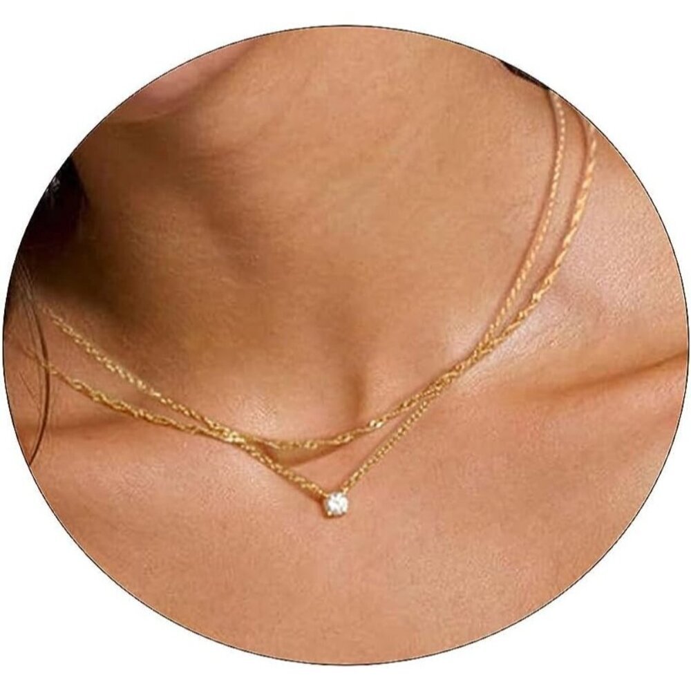 Layered Gold Necklace for Women 14K Plated Cubic Zirconia Choker Chain Jewelry